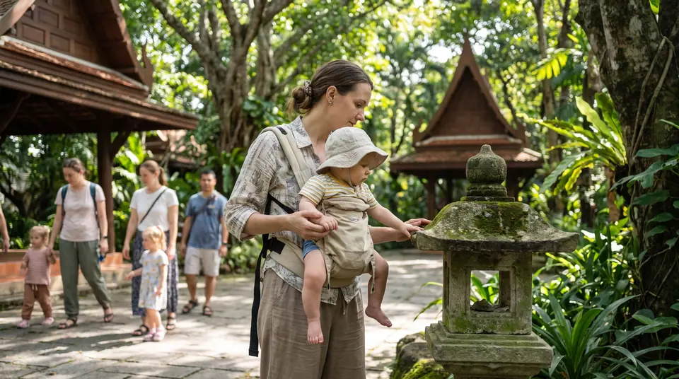 A mother carrying her baby in a soft carrier through a shaded temple garden
