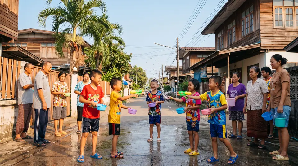 Children laughing during a gentle water celebration in a Thai street