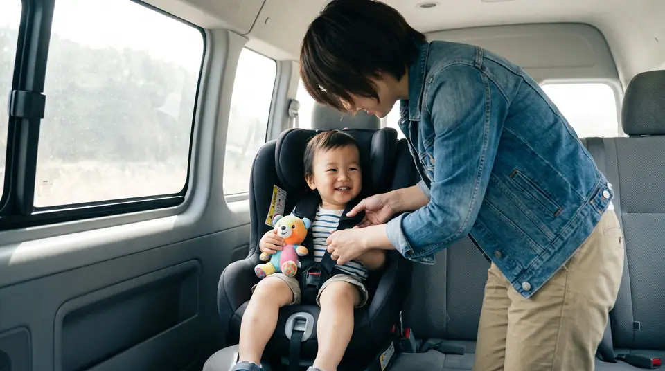 A parent checking the harness straps of a smiling toddler in a forward-facing child seat in the back of a van