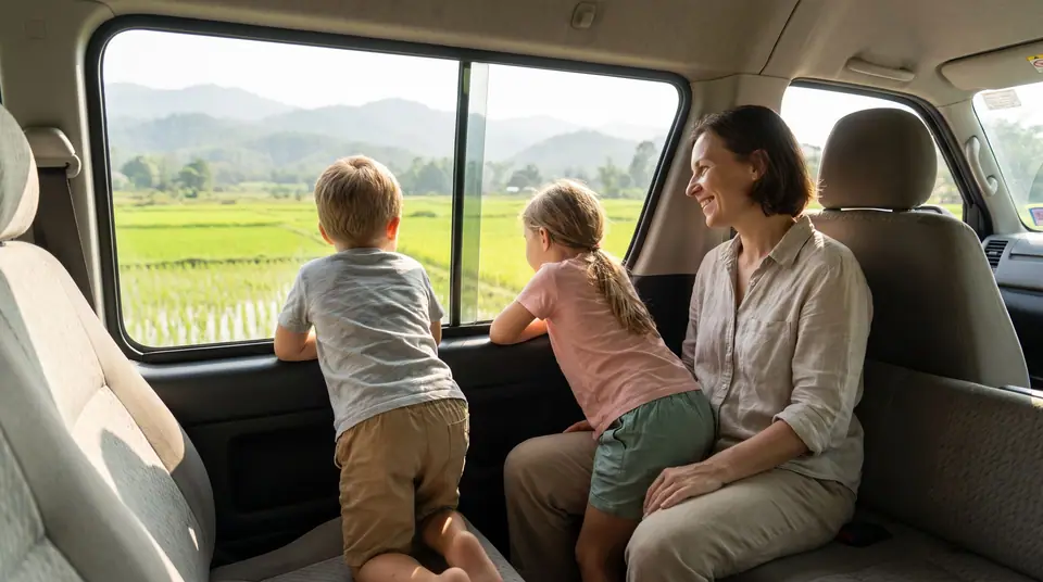 Two children looking out of a van window at green rice fields and distant hills, a parent smiling beside them