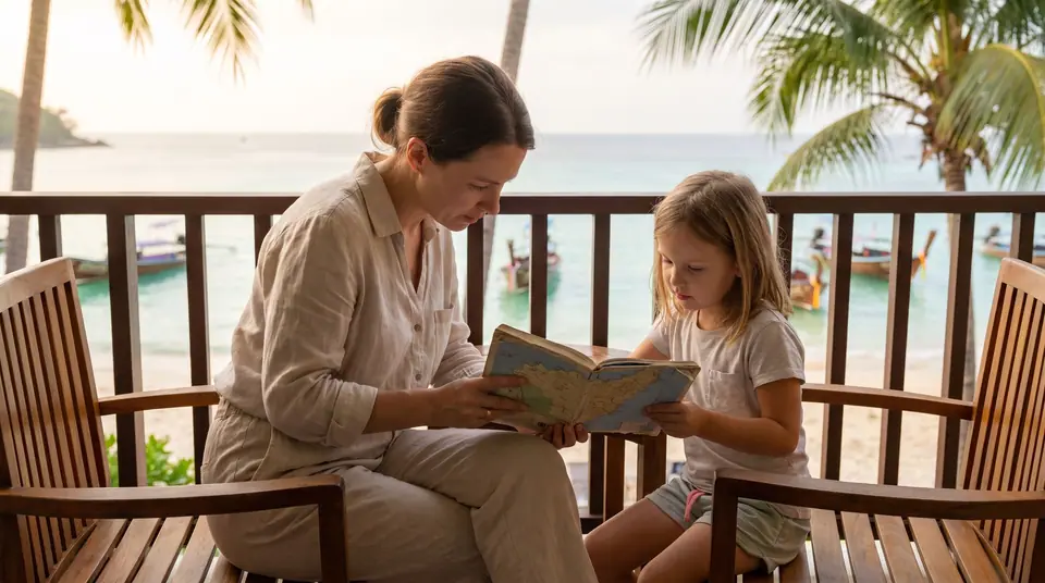 A mother and her young daughter reading a paper travel guide together on a hotel balcony above a tropical beach