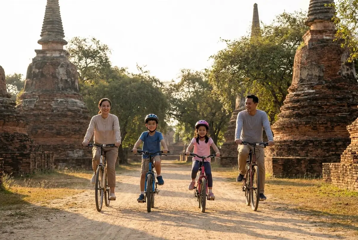 A family with two children in helmets cycling on a quiet path between ancient brick temple ruins