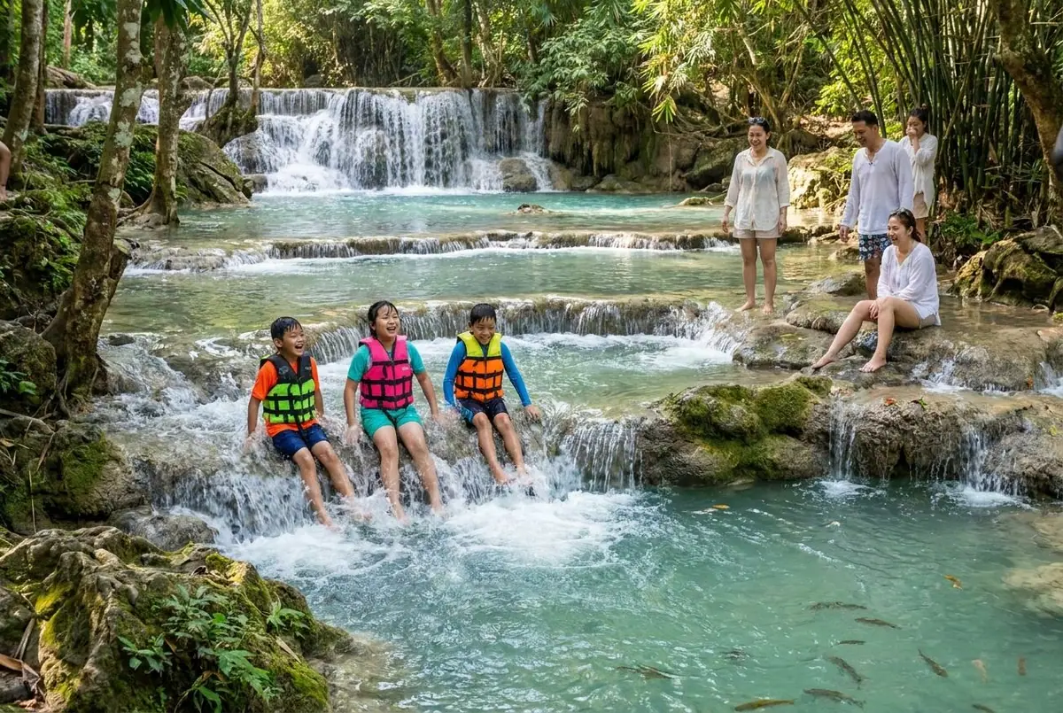 Children in life jackets splashing in turquoise terraced waterfall pools in the jungle, parents nearby