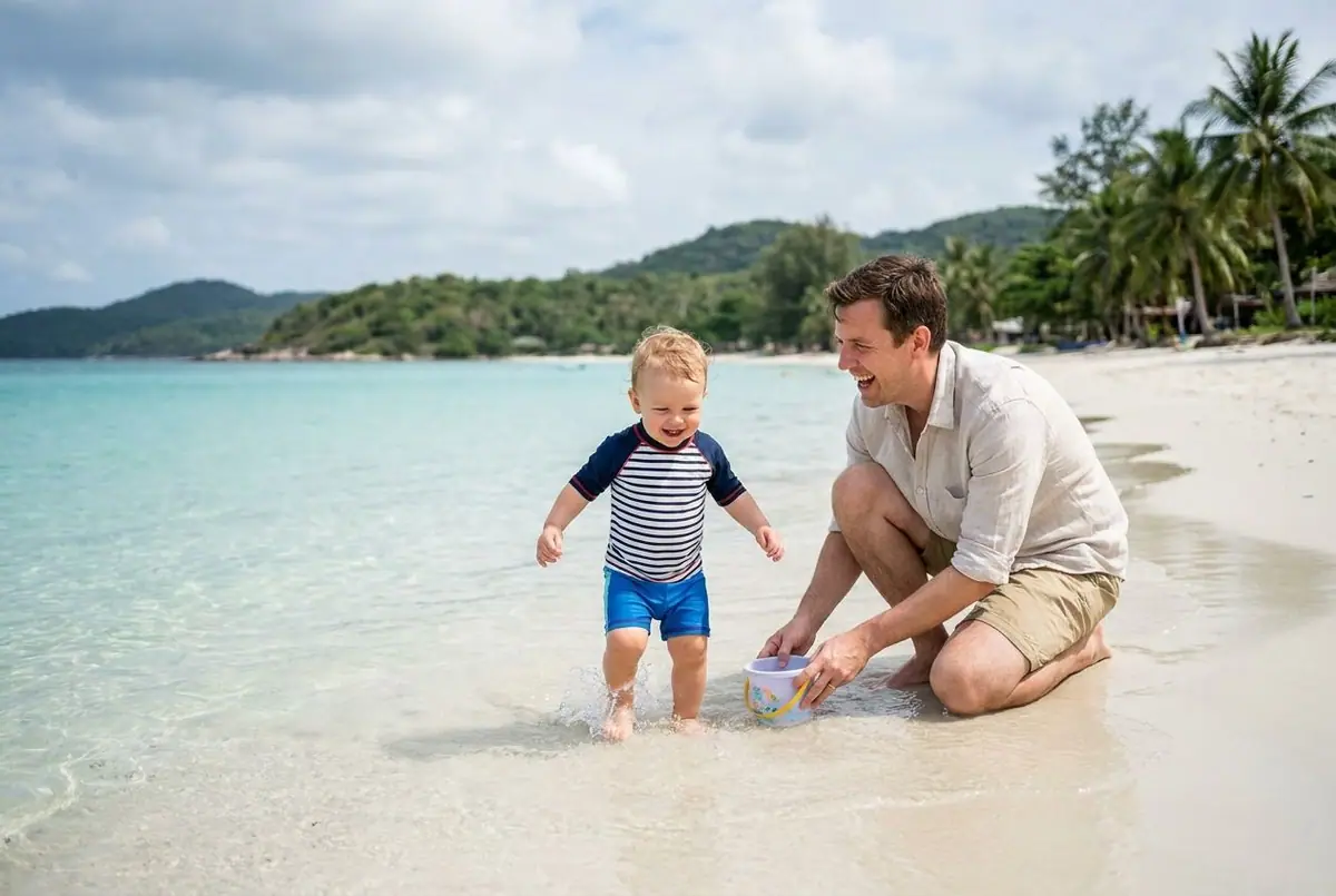 A toddler and a parent playing in very shallow, calm turquoise water on a white sand beach