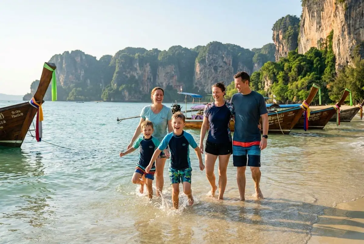 A family playing in shallow water on a beach below tall limestone cliffs, long-tail boats pulled up on the sand